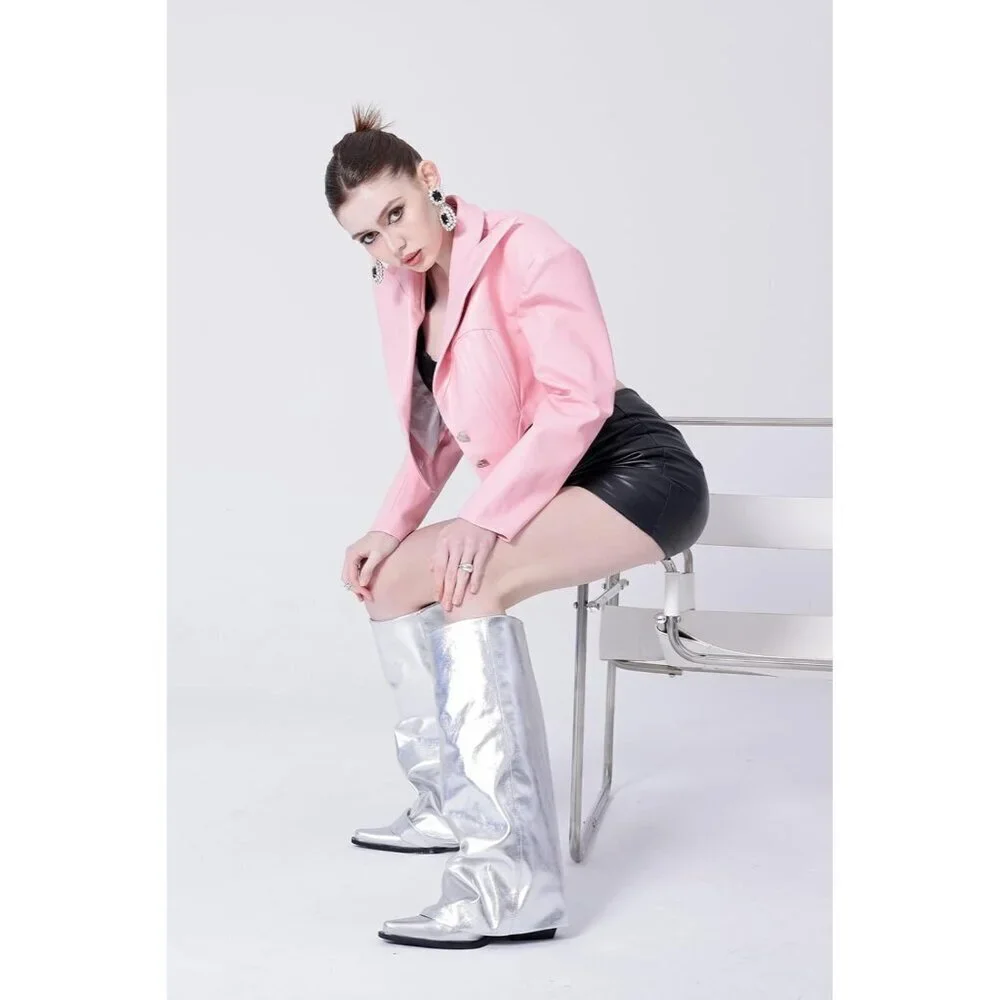 Women Silver Wide Calf Slouchy Shark Pointed Toe  Fold Over Knee High Tall Boots